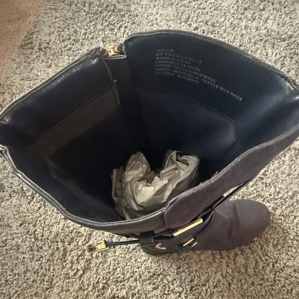 JustFab Hollie Navy Blue Knee-High Flat Boots Faux Suede Gold Buckle Women’s - Picture 7 of 10